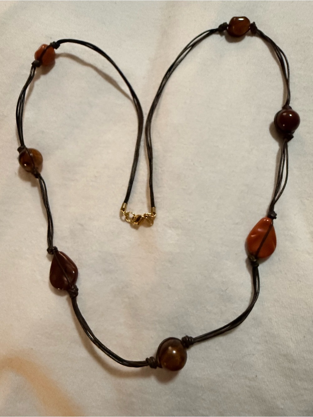 Vintage Monet Multi Strand Brown Leather Cord Resin Nugget Necklace Pristine